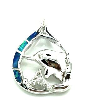 925 sterling silver inlaid DOLPHIN lab blue opal pendant-33op42-K5