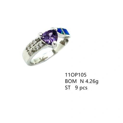 925 STERLING SILVER LAB BLUE OPAL SMALL TRIANGLE WITH SIDE STONES RING WITH AMETHYST -11OP105-K5-AMT