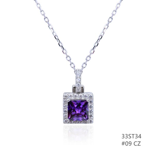 925 STERLING SILVER CZ AMETHYST SQUARE HALO PENDANT-33ST34-AMT