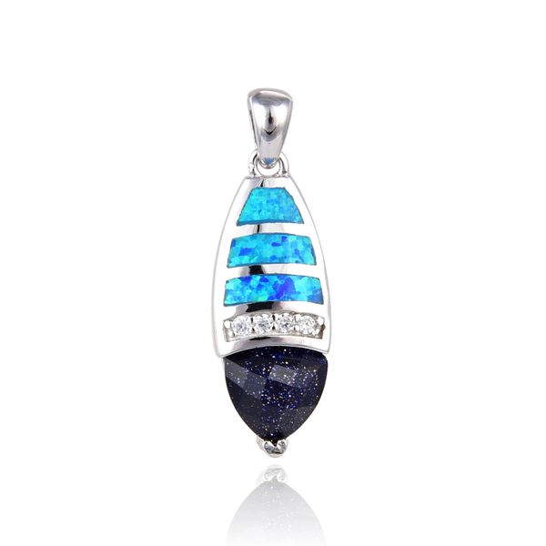 925 Sterling Silver Rhodium Plated Simulated Blue Opal TOWER BAR BLUE SAND STONE Pendant-33op128-k5