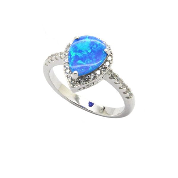 925 SILVER SIMULATED BLUE OPAL HALO DROP SHAPE RING-11130-K5