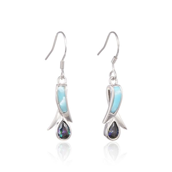 925 SILVER NATURAL LARIMAR TULIP STYLE , INLAID SETTING W/ CZ MYSTIC SILVER EARRINGS-22OP97-LA