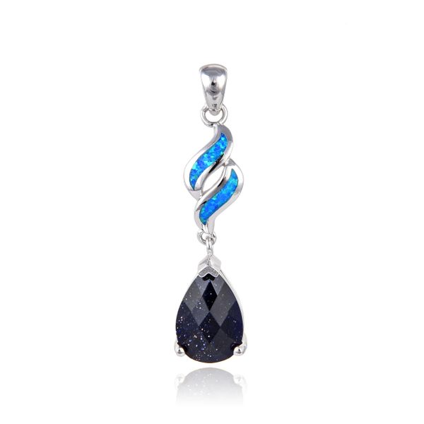 925 SILVER SIMULATED OPAL DROP WATER FALL PENDANT WITH BLUE SAND STONE - 33OP135-K5-BL SD