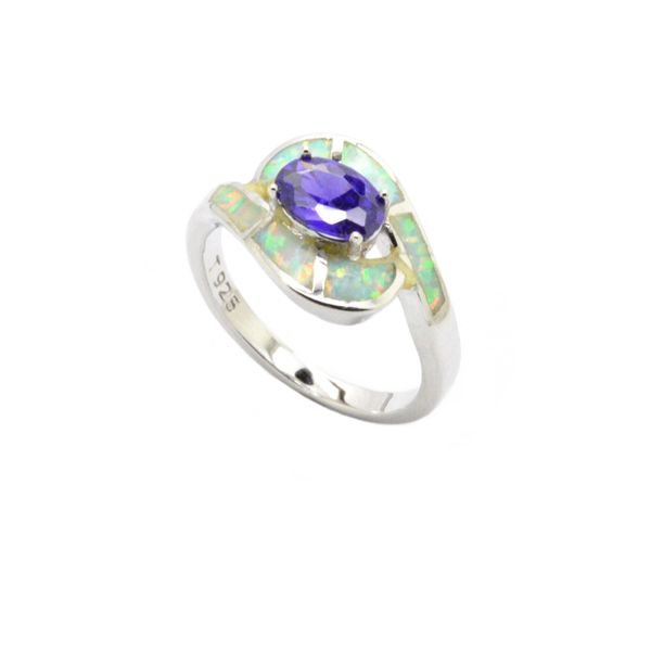 925 SILVER SIMULTAED INLAID WHITE OPAL RING WITH CZ AMETHYST CENTER STONE-11OP74-K17