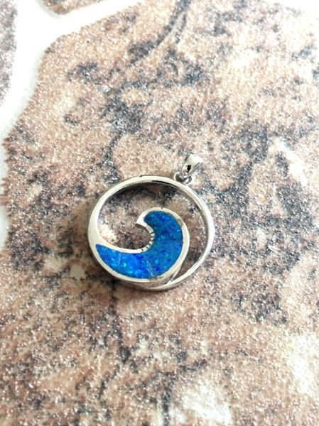 925 SILVER SIMULATED BLUE OPAL OCEAN WAVE PENDANT, DANGING CIRCLE STYLE-33681-K5
