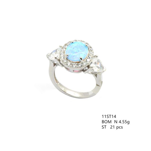 925 SILVER SIMULATED BLUE OPAL 3 STONE RING WITH CZ IN SIDES, 11ST14-K6