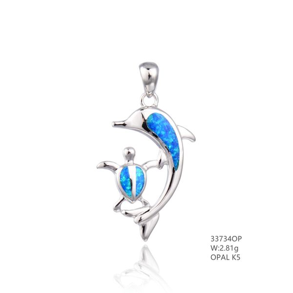 925 SILVER SIMULATED BLUE OPAL DOLPHIN-TURTLE PENDANT-SEA LIFE - 33734-K5- BY TULU CO INC