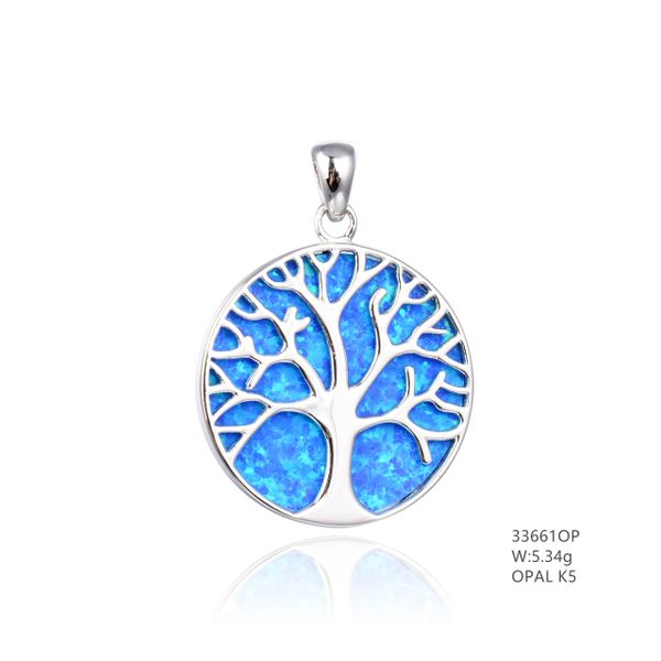 925 SILVER SIMULATED BLUE OPAL TREE OF LIFE PENDANT - 33661-K5- BY TULU CO