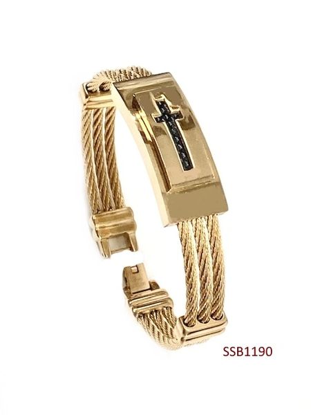 STAINLESS STEEL ID ,CABLE STYLE CROSS MAN BANGLE BRACELET GOLD & BLACK COLOR -SSB1190-GD