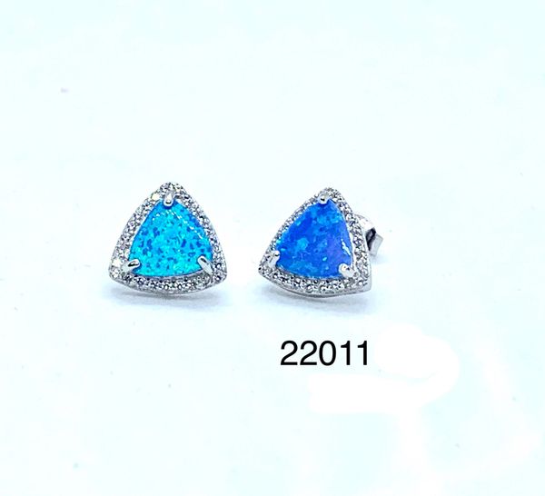 Triangle Shape Lab Blue Opal Halo Stud Earrings , 22015-k5
