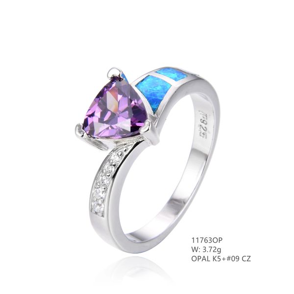 925 St, Silver Simulated Blue opal Ring with Amethyst triangle center stone - 11763-k5