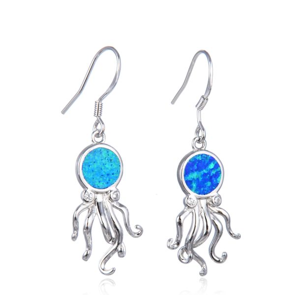 925 Sterling Silver Octopus,Simulated Blue Opal Earrings-22573-k5
