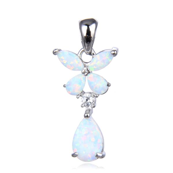 925 STERLING SILVER SIMULATED WHITE OPAL FLOWER DROP PENDANT-33669-K17