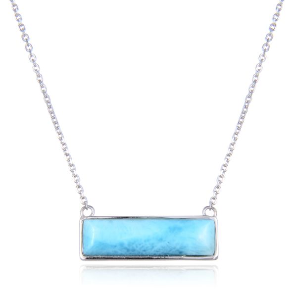 925 Sterling Silver blue color Larimar Bar Necklace 18"+2" long- 55145-LA