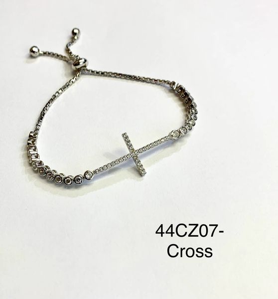 925 Sterling Silver Adjustable white cz Cross Bracelet-44cz07-wh