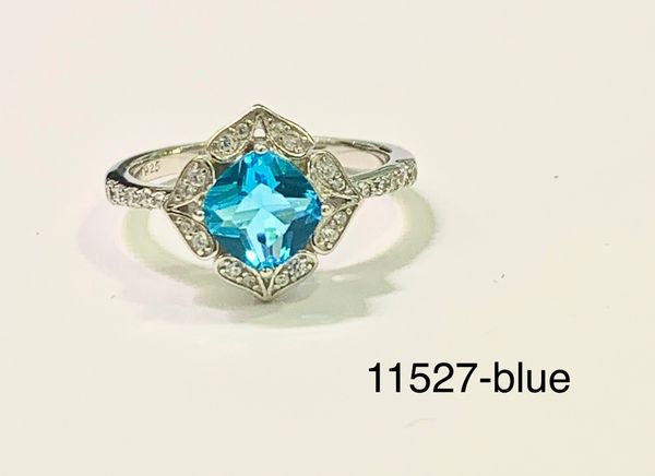 Sterling Silver Simulated Blue Topaz round stone Vintage style rhodium ring-11527-BL