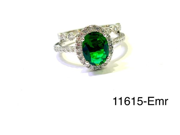 925 Sterling Silver Simulated Emerald 2 set oval solitaire ring , 11615-EMR