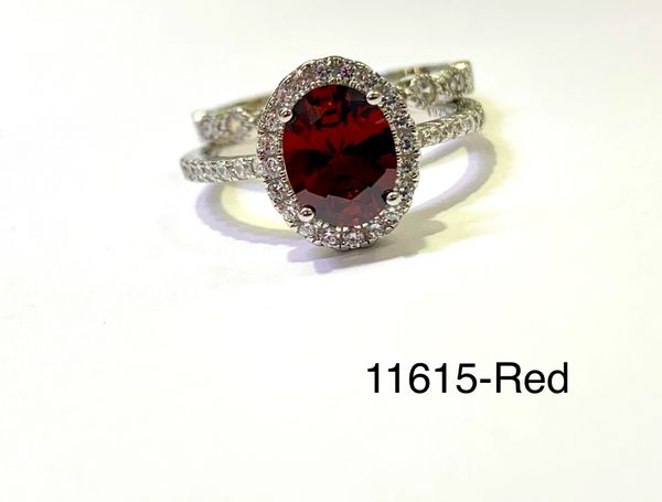 925 Sterling Silver Simulated Garnet red 2 set oval solitaire ring , 11615-red