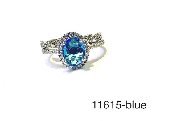 925 Sterling Silver Simulated BLUE TOPAZ, 2 set oval solitaire ring , 11615-BLUE-38