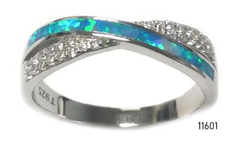 925 Sterling Silver Simulated Blue opal Inlaid BAND X Ring-11601-k5