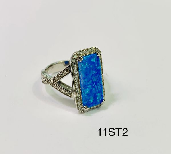 925 Sterling Silver Simulated BLUE OPAL EMERALD CUT X Ring-11ST23-K5