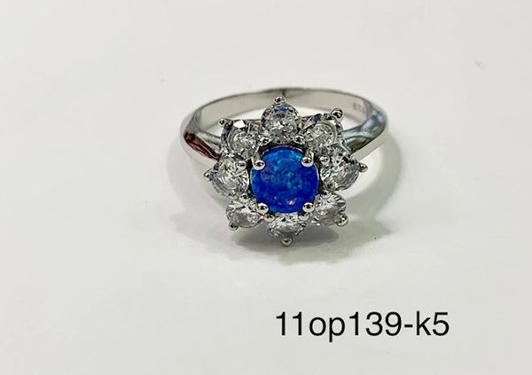 925 STERLING SILVER SIMULATED BLUE OPAL FLOWER ELIZABETH STYLE RING - 11OP139-K5