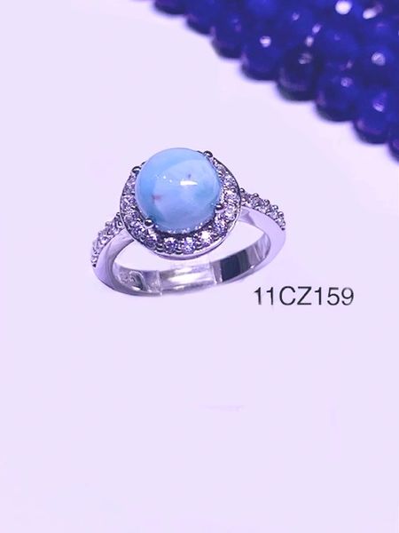 925 Sterling Silver Natural AAA Grade Larimar Halo Ring with CZ around -11cz159-LA