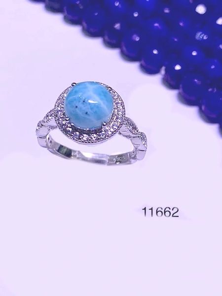 925 Sterling Silver Natural AAA Grade Larimar Ring Round shape stone Vintage ring -11662-LA