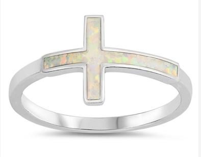 925 Sterling Silver Simulated White Opal Cross Ring-11099-k17