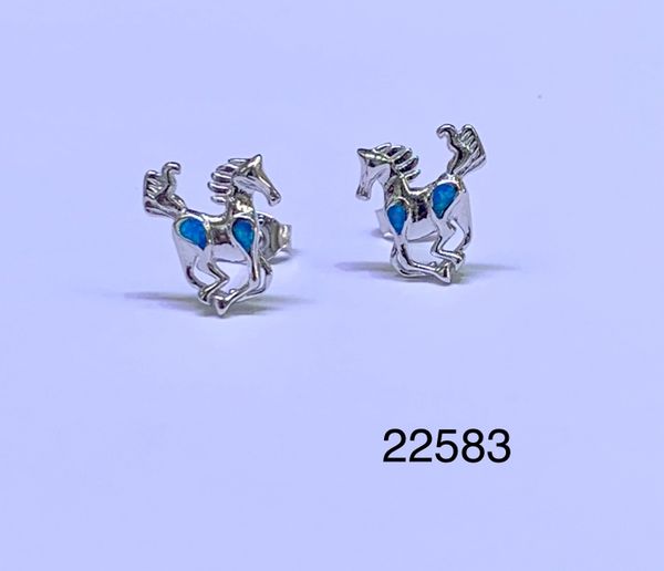 925 Sterling Silver Simulated Blue Opal Horse stud earrings-22583-k5