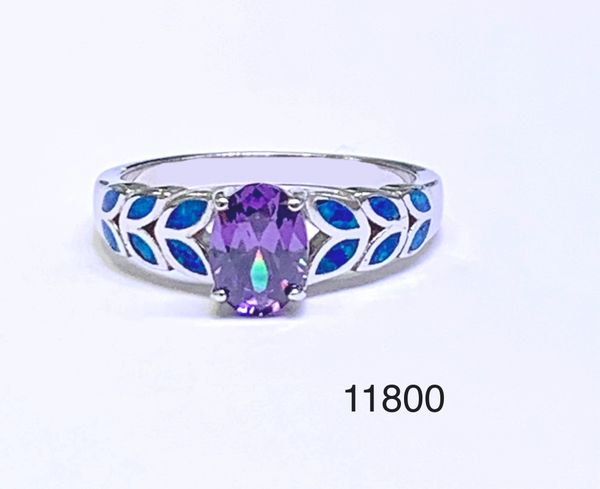 925 Sterling Silver Simulated Blue opal leaf style Ring oval stone cz amethyst -11800-k5