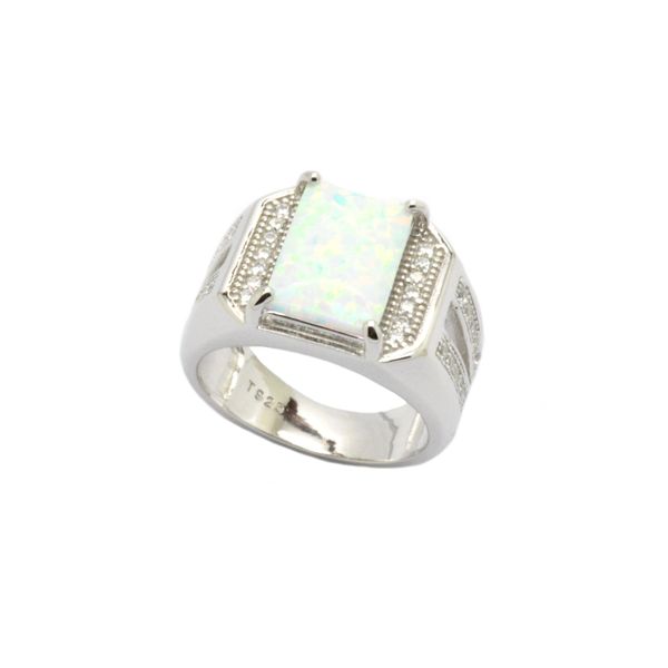 925 Simulated White opal Men Ring with center stone side diamonds CZ -11175-K17