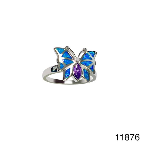 925 Sterling Silver Simulated Blue Opal Butterfly Rings with cz Amethyst-11876-k5
