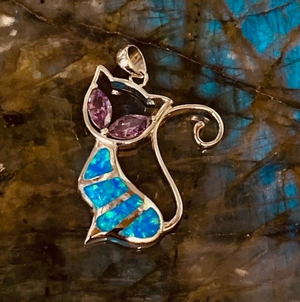 925 Sterling Silver Simulated Blue Opal CAT PENDANT with cz Amethyst-33474-k5