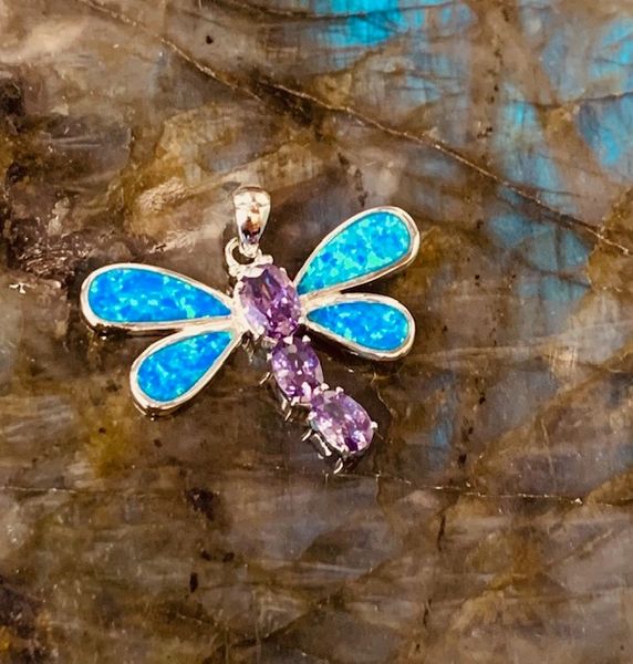 925 Sterling Silver Simulated Blue Opal DRAGONFLY PENDANT with cz Amethyst-33655-k5