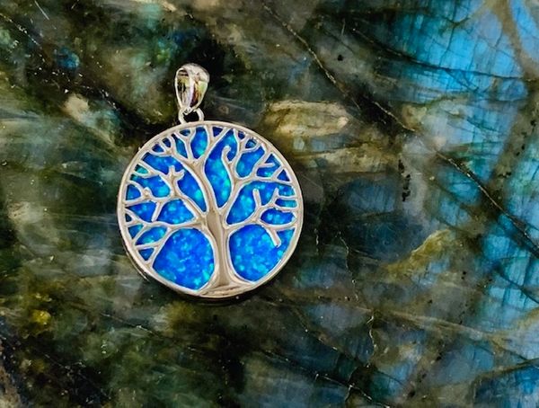 925 Sterling Silver Simulated Blue Opal TREE OF LIFE PENDANT-33876-k5