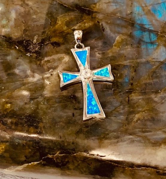 925 Sterling Silver Simulated Blue Opal CROSS PENDANT-33350-k5