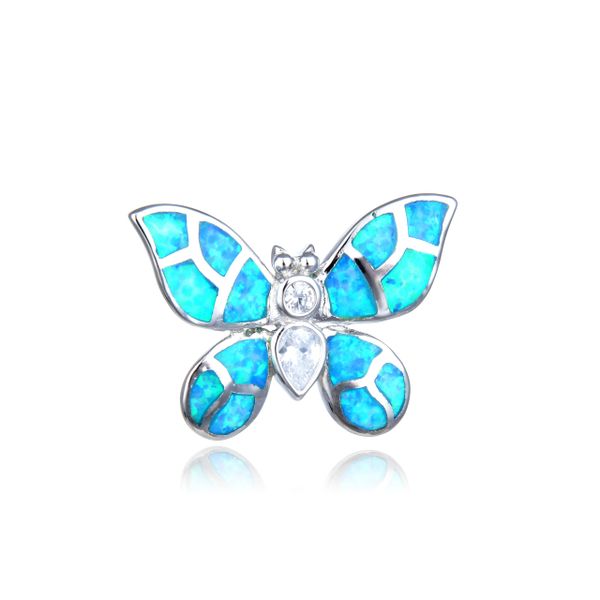 925 Sterling Silver Simulated Blue Opal BUTTERFLY PENDANT-33697-k5