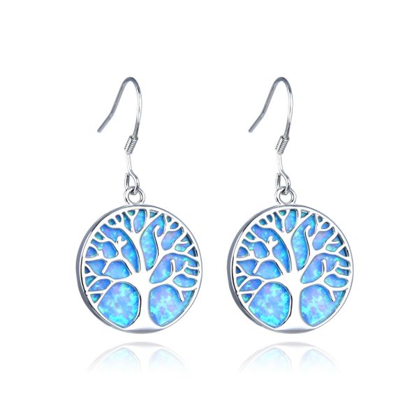 925 Sterling Silver Simulated Blue Opal TREE OF LIFE EARRINGS-22529-k5