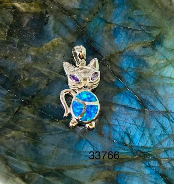 925 SILVER SIMULATED BLUE OPAL CAT PENDANT-33766-K5