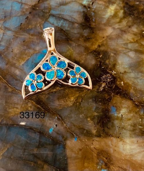 925 STERLING SILVER ,BLUE OPAL WHALE TAIL WITH HAWAIIAN PLUMERIA FLOWER-SEA LIFE .33169-K5