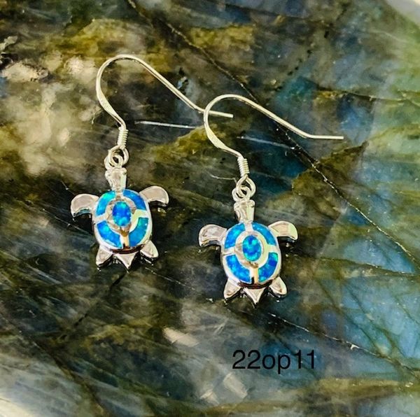 925 Simulated Blue Opal Turtle earrings fish wire -22op11-k5