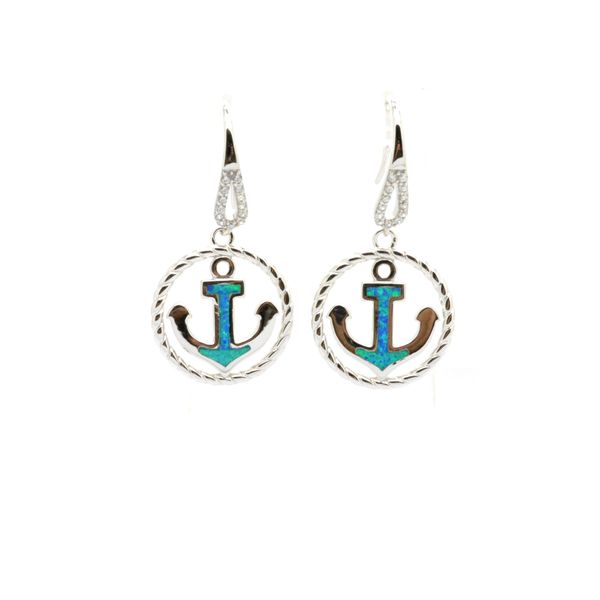 925 STERLING SILVER SIMULATED BLUE OPAL Anchor EARRINGS-22134-K5