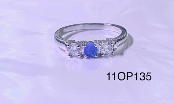 925 Sterling Silver Simulated Blue Opal 3 stone solitaire ring -11op135-k5