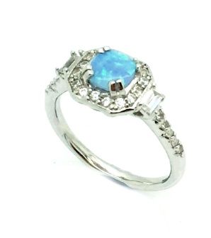 925 Sterling Silver Simulated Blue Opal ring,square & Baguette side stones-11OP136-K5