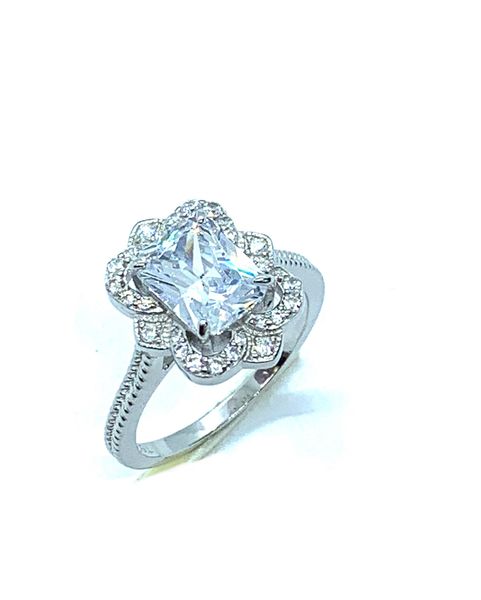 925 Sterling Silver White cz Vintage Style ring in emerald cut stone -11678-wh