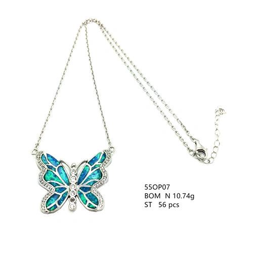 925 Sterling silver Simulated Blue Opal Butterfly style Necklace ,blue & white lab created Opal-55op07-k5