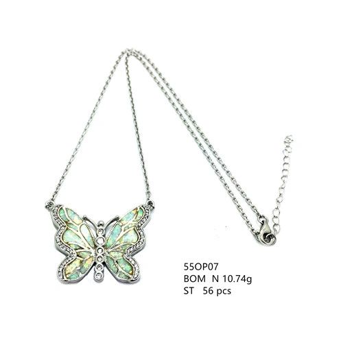 925 Sterling silver Simulated White Opal Butterfly style Necklace ,blue & white lab created Opal-55op07-k17