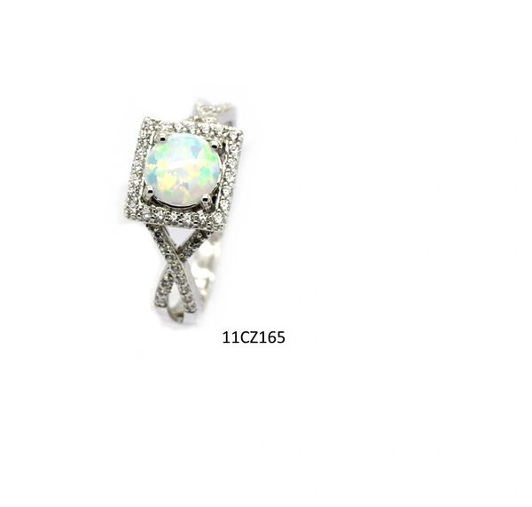 925 Sterling Silver Simulated White Opal ring, solider x square shape -11cz165-k17