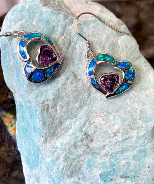 925 Sterling Silver Simulated Blue opal earrings heart shape with cz Amethyst -22577-k5-09